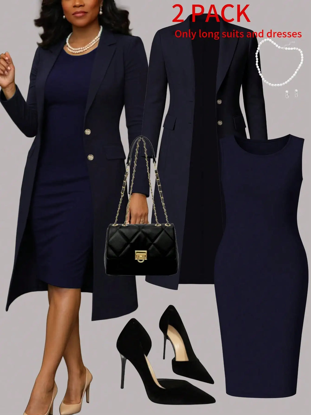 Women's Elegant 2-Piece Set Solid Color Long Sleeve Blazer Jacket And Sleeveless Midi Dress