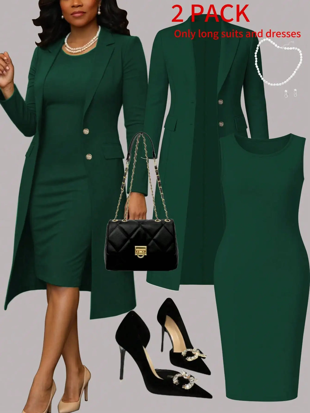 Women's Elegant 2-Piece Set Solid Color Long Sleeve Blazer Jacket And Sleeveless Midi Dress