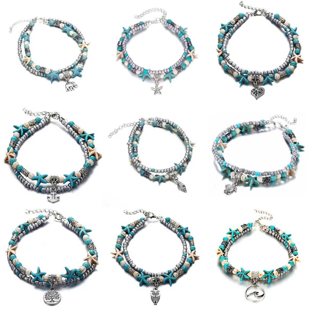 Vintage Turquoise Starfish Turtle Foot Ornaments Beach Layer Beaded Hollow Double Anklet for women Valentine's Day Gift