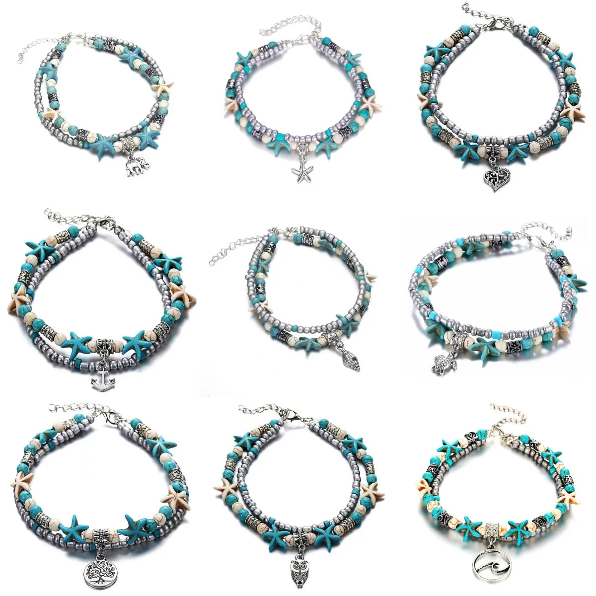 Vintage Turquoise Starfish Turtle Foot Ornaments Beach Layer Beaded Hollow Double Anklet for women Valentine's Day Gift