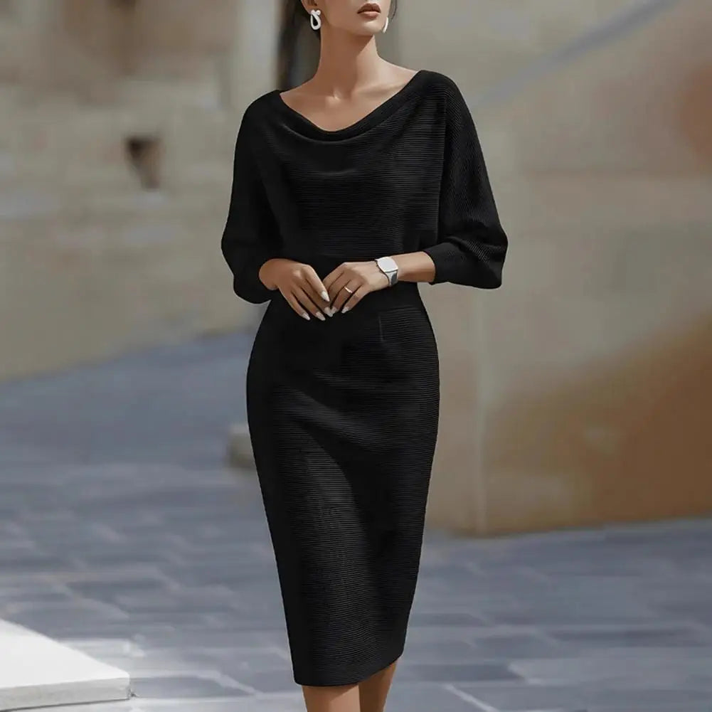 Elegant Women's Dress Cowl Neck Bodycon Work Dress 3/4 Batwing Sleeve Stretch Office Church Pencil Dress Formal Party Outfits