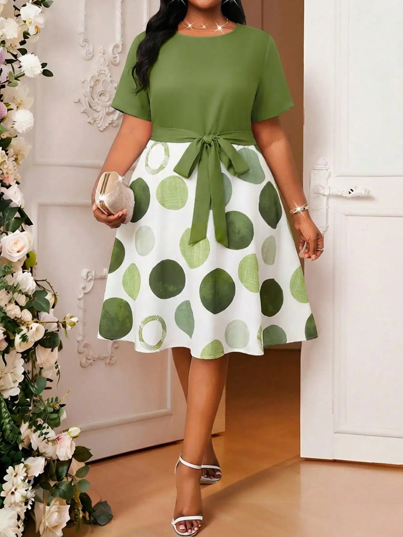 Elegant Floral Print Flared Midi Dress With Belt Short Sleeve Round Neck For Women