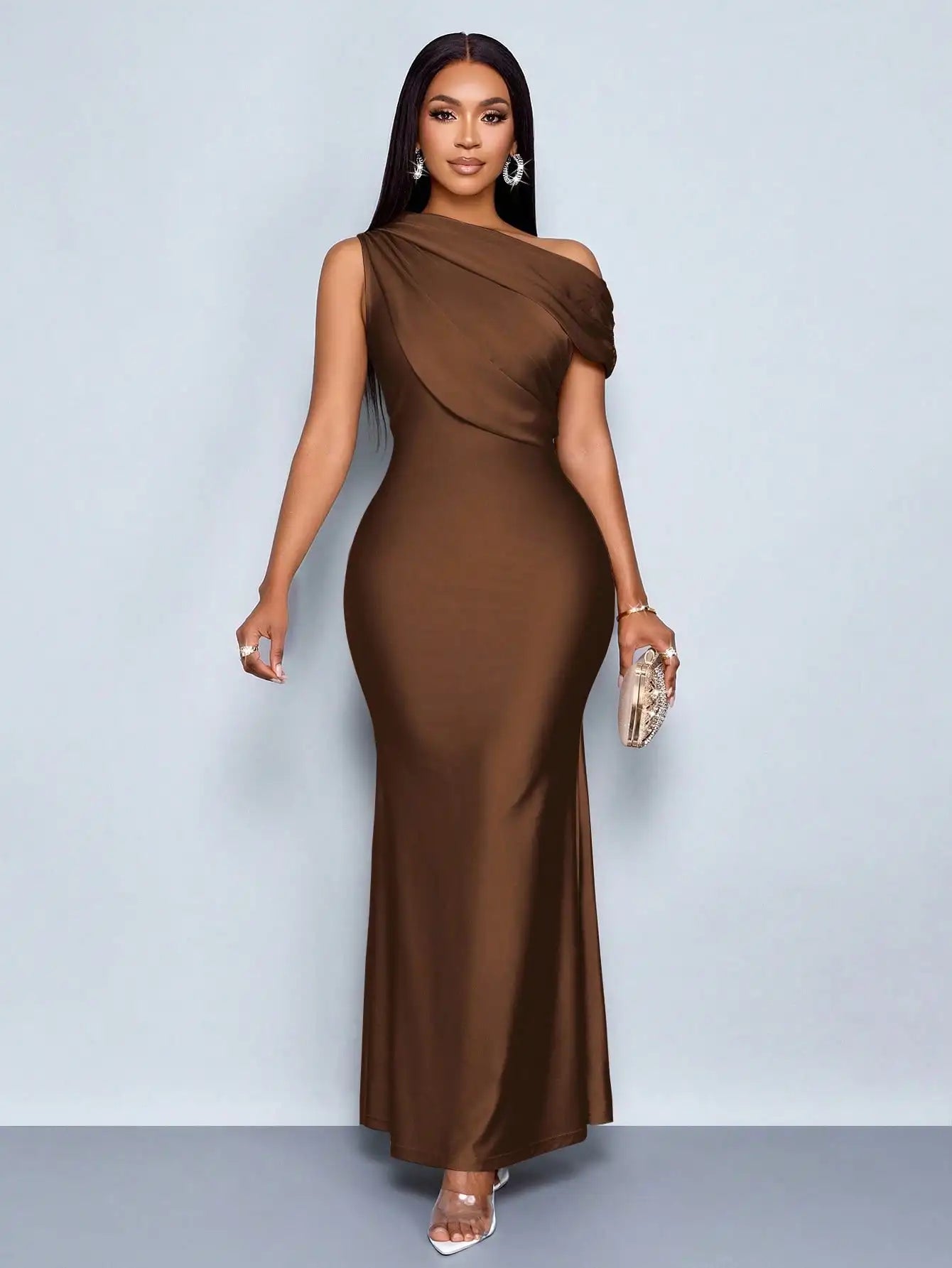 Elegant Apricot Satin Asymmetric Off-Shoulder Sleeveless Fitted Floor-Length Maxi Dress