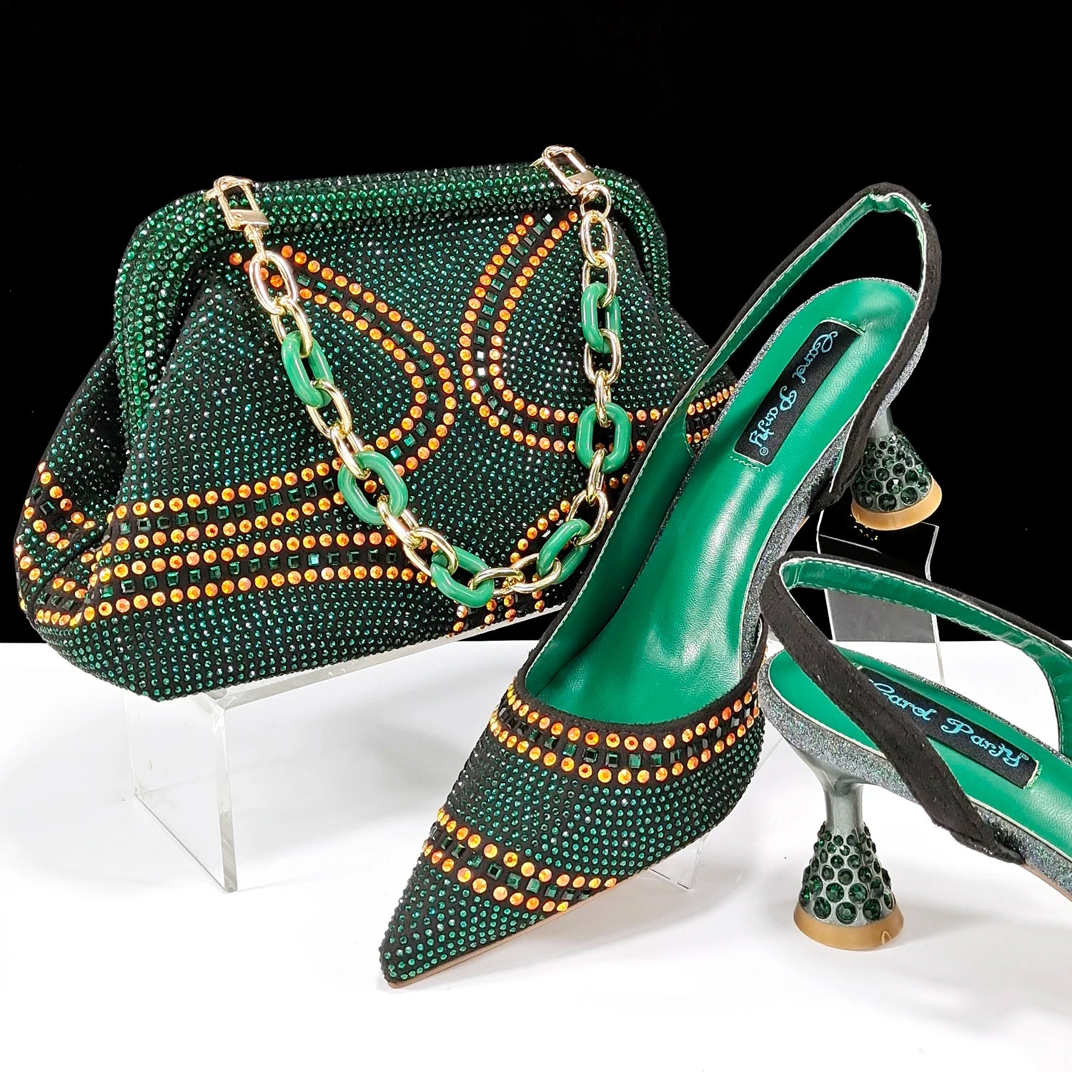 QSGFC New Designer Specials Italian Women Heels Shoes and Bag Set  Royal Green Color Comfortable With Rhinestone for Party