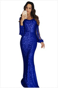 Elegant Women's Evening Gown with Sequin & Tassel, Lantern Sleeve Dinner Party Dress for Autumn Winter