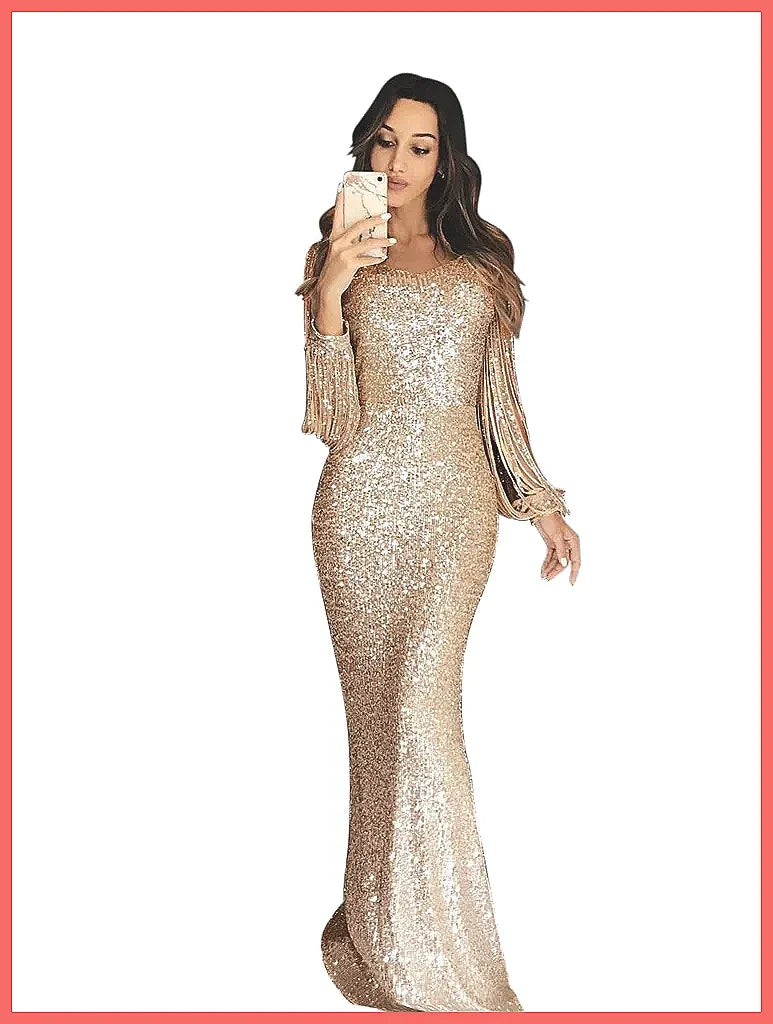 Elegant Women's Evening Gown with Sequin & Tassel, Lantern Sleeve Dinner Party Dress for Autumn Winter