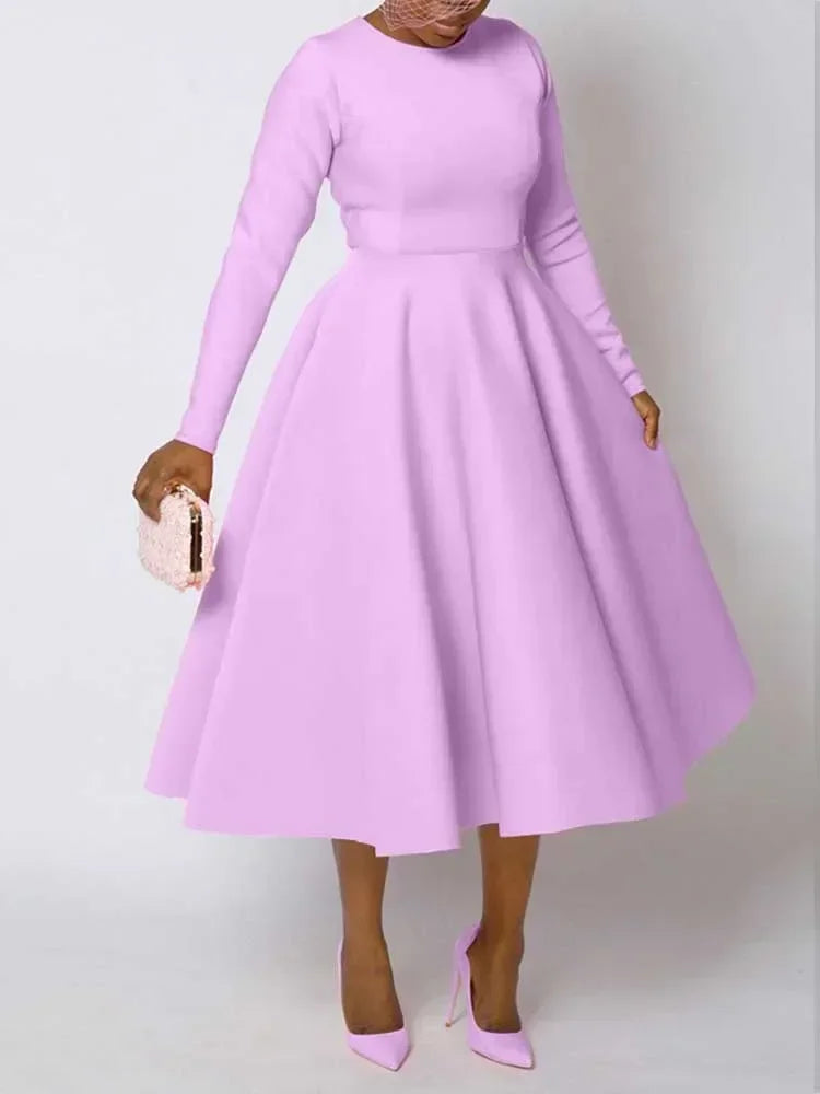 A Line High Waisted Dress Zipper  in Back Women Long Sleeve Autumn Casual Dress Elegant Office Work Lady Dress Solid Color 2025