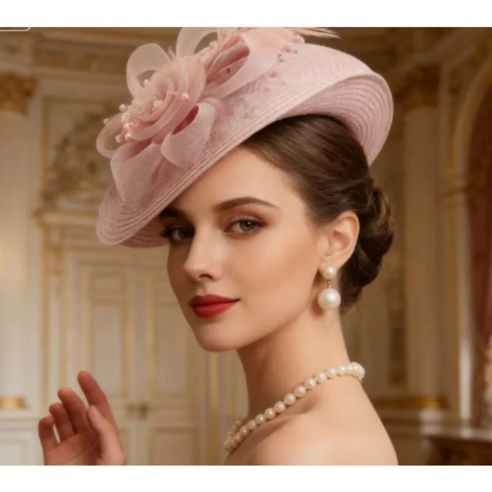 New Mesh Ribbons Fascinator Caps Flower Feather Elegant Hair Drop Fascinator Hat Headwear Women Makeup Prom