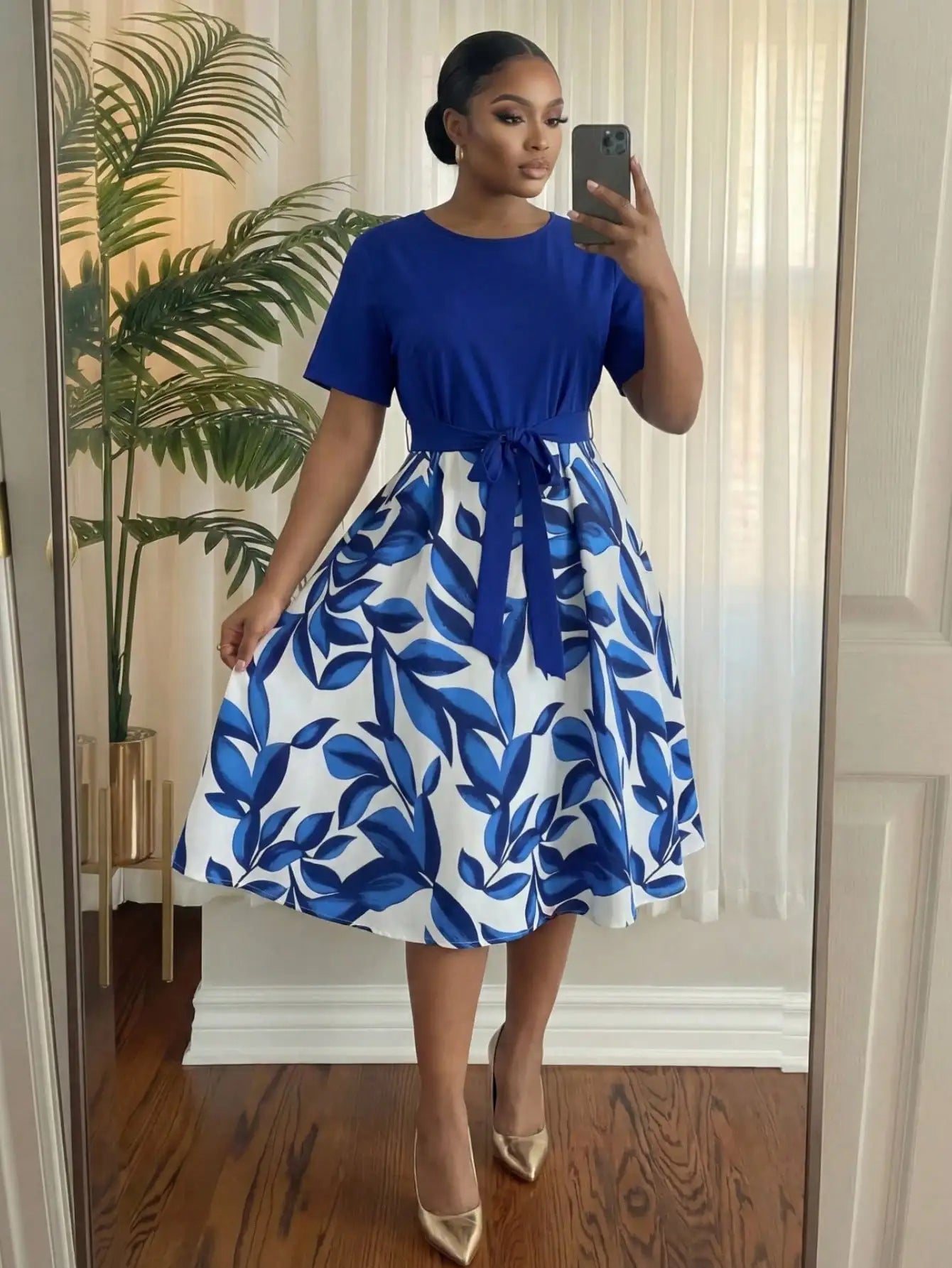 Elegant Floral Print Flared Midi Dress With Belt Short Sleeve Round Neck For Women