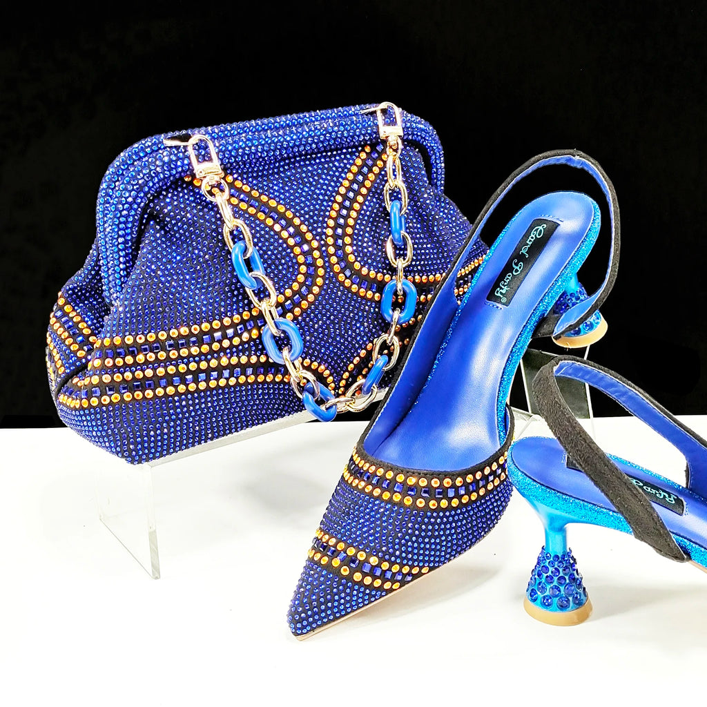 QSGFC New Designer Specials Italian Women Heels Shoes and Bag Set  Royal Green Color Comfortable With Rhinestone for Party