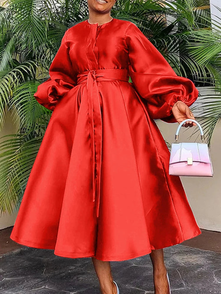 Satin Puff Sleeve Evening Dress for Women Pleated A-Line Round Neck Elegant Party Club Casual Solid Midi Dress with Belt 2025