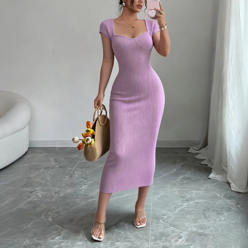 Women's Purple Sweetheart Neck Short Sleeve Stretchy Ribbed Knit Bodycon Midi Dress Summer Beach Vacation Party Long Dress