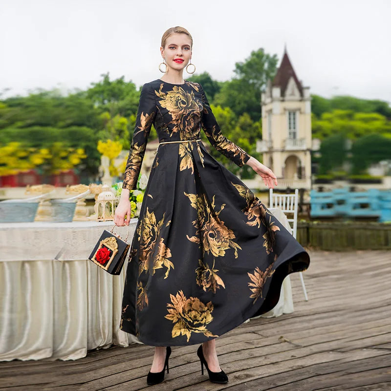 Elegant Female Long Maxi Jacquard Dress Pretty Dresses Women Evening Floral Vintage Ladis Party Fall Winter Clothes