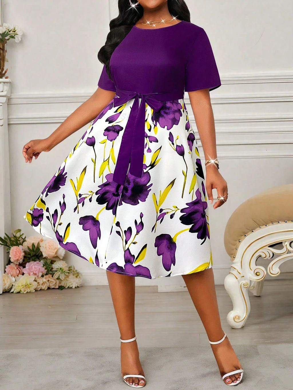 Elegant Floral Print Flared Midi Dress With Belt Short Sleeve Round Neck For Women
