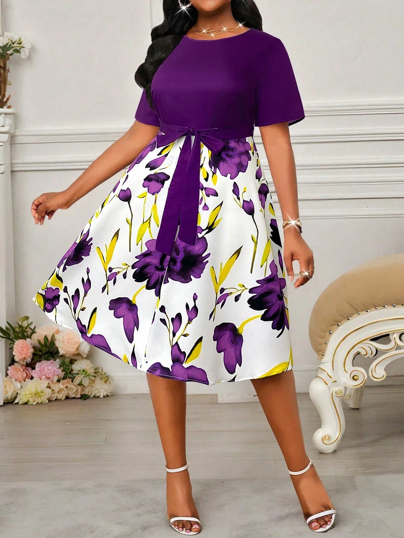 Elegant Floral Print Flared Midi Dress With Belt Short Sleeve Round Neck For Women