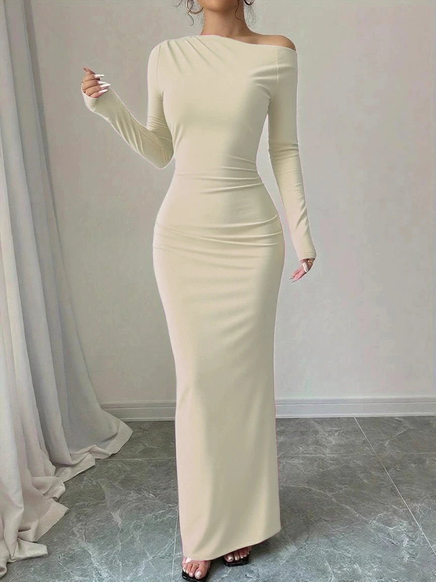 Autumn new style individual solid color trendy elegant high-waist long-sleeved figure-hugging bodycon dress sexy