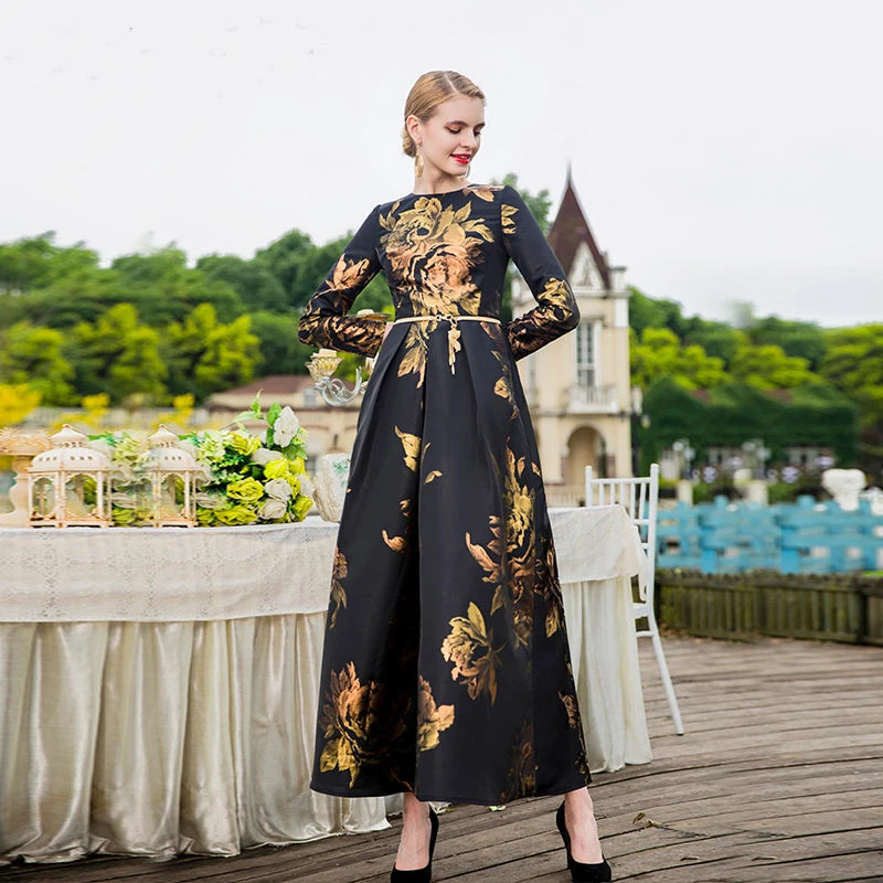 Elegant Female Long Maxi Jacquard Dress Pretty Dresses Women Evening Floral Vintage Ladis Party Fall Winter Clothes