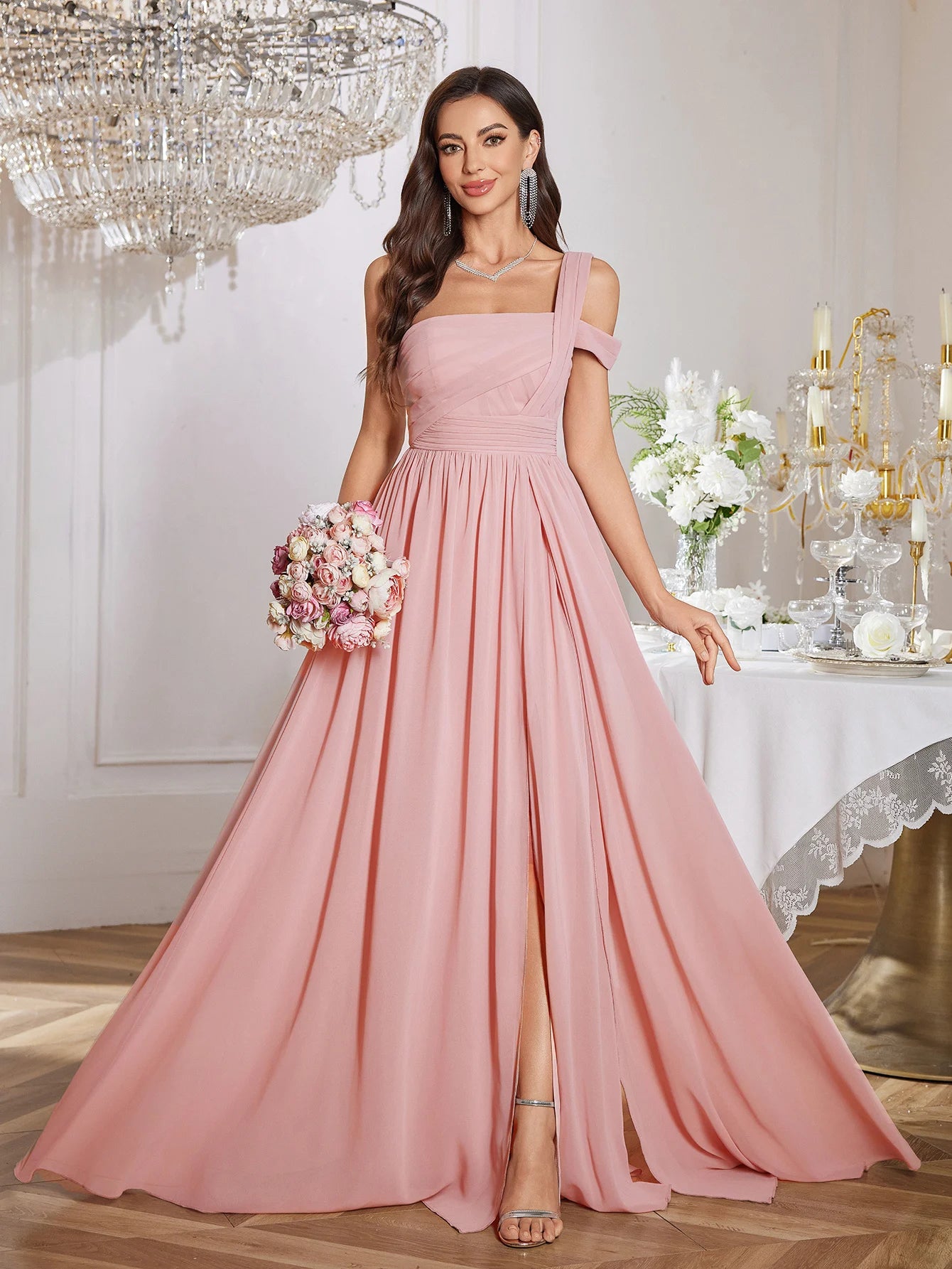 UNITHORSE Elegant One-Shoulder Backless Maids Dress Pure Color Chiffon Gathered Waist High Slit Floor-Length Evening Gown
