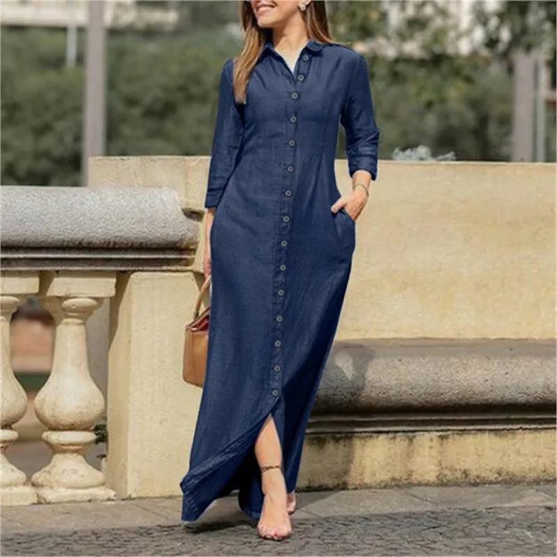 2025 Spring Elegant Women's Denim Dress New Casual Long Sleeve Buttons Shirt Maxi Dresses For Women Robe Femal Office Clothing