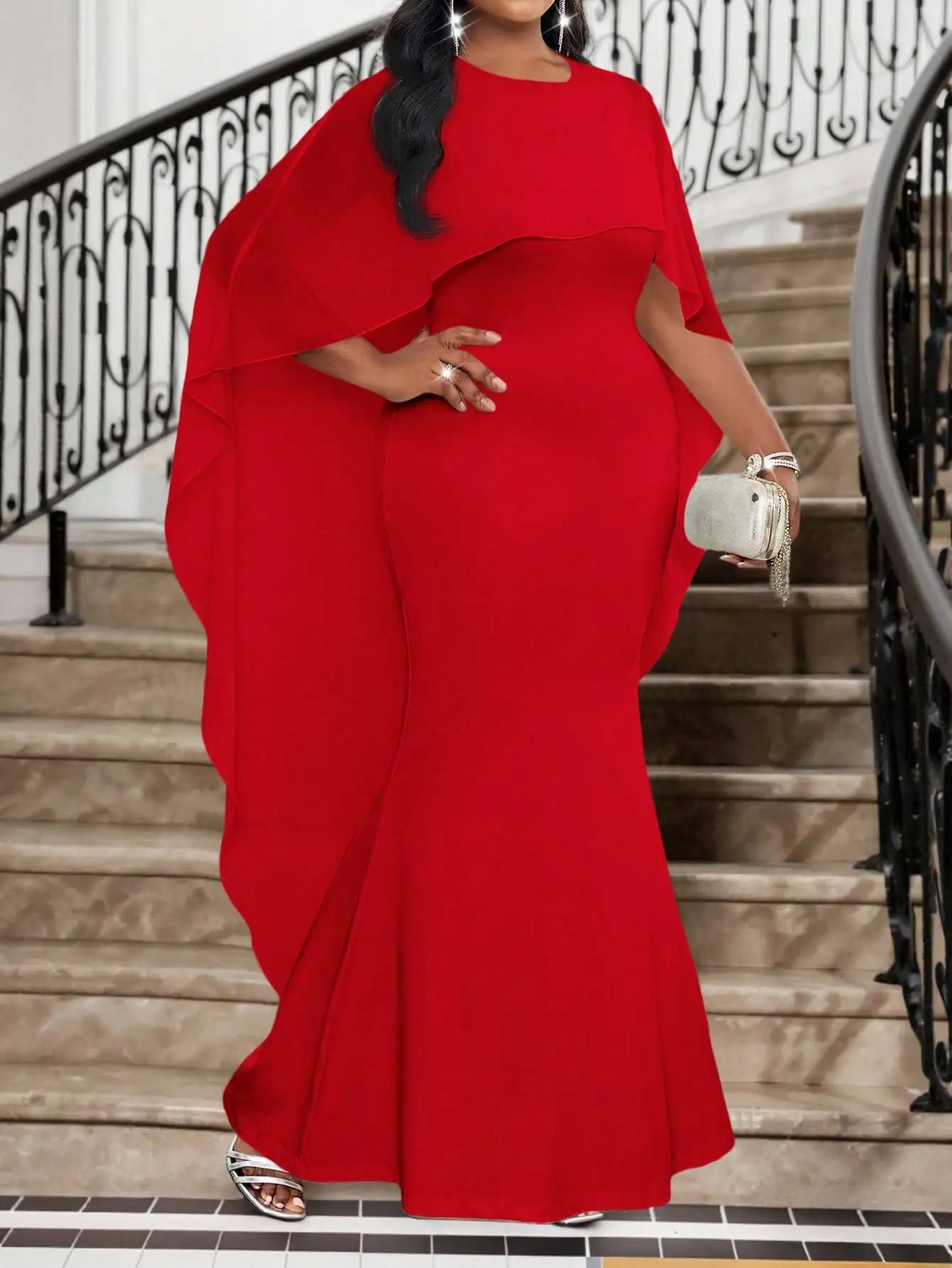 Black Plus Size Evening Dress With Sparkly Cape Sleeve Floor Length Elegant Party Gown