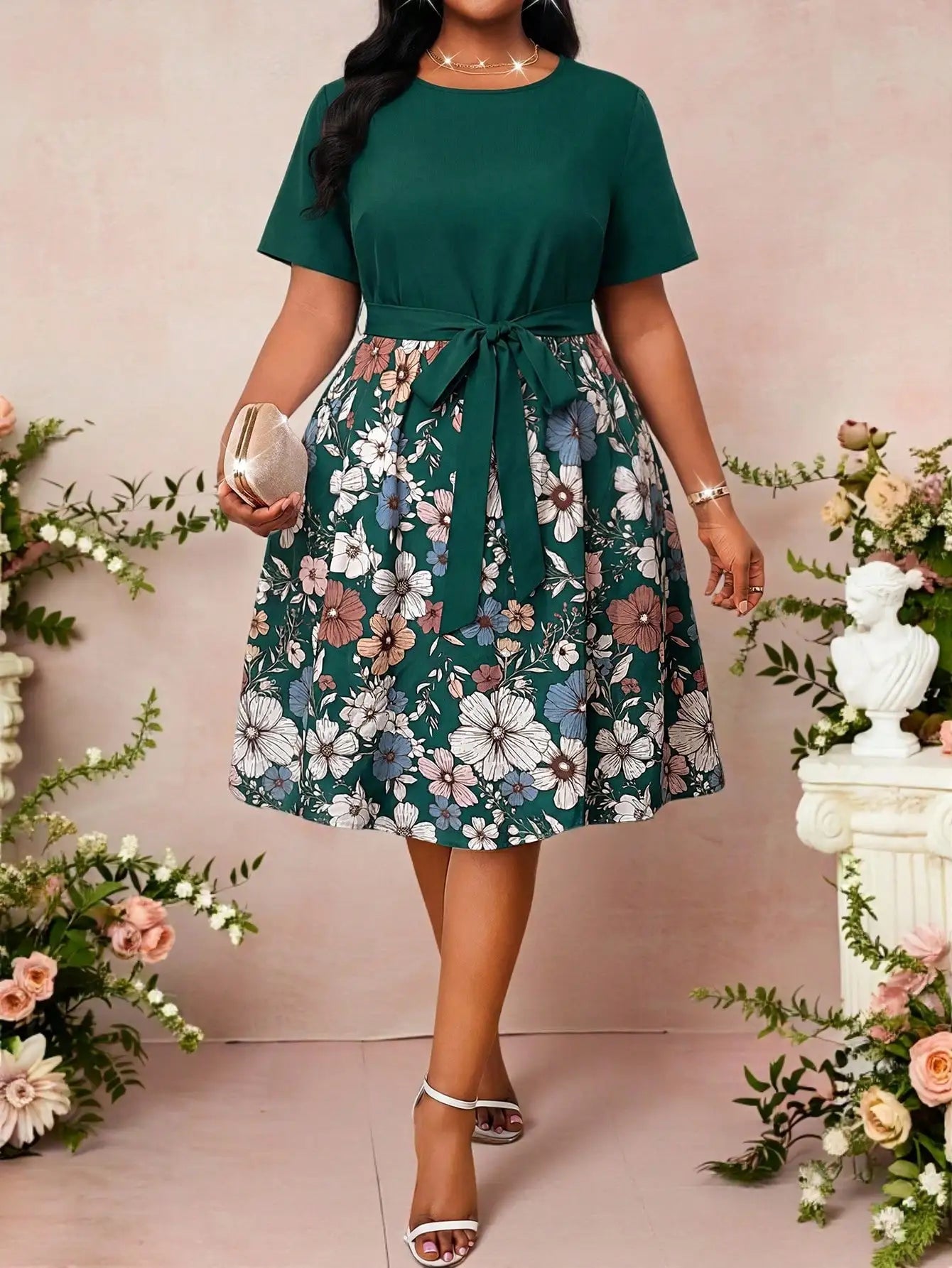 Elegant Floral Print Flared Midi Dress With Belt Short Sleeve Round Neck For Women