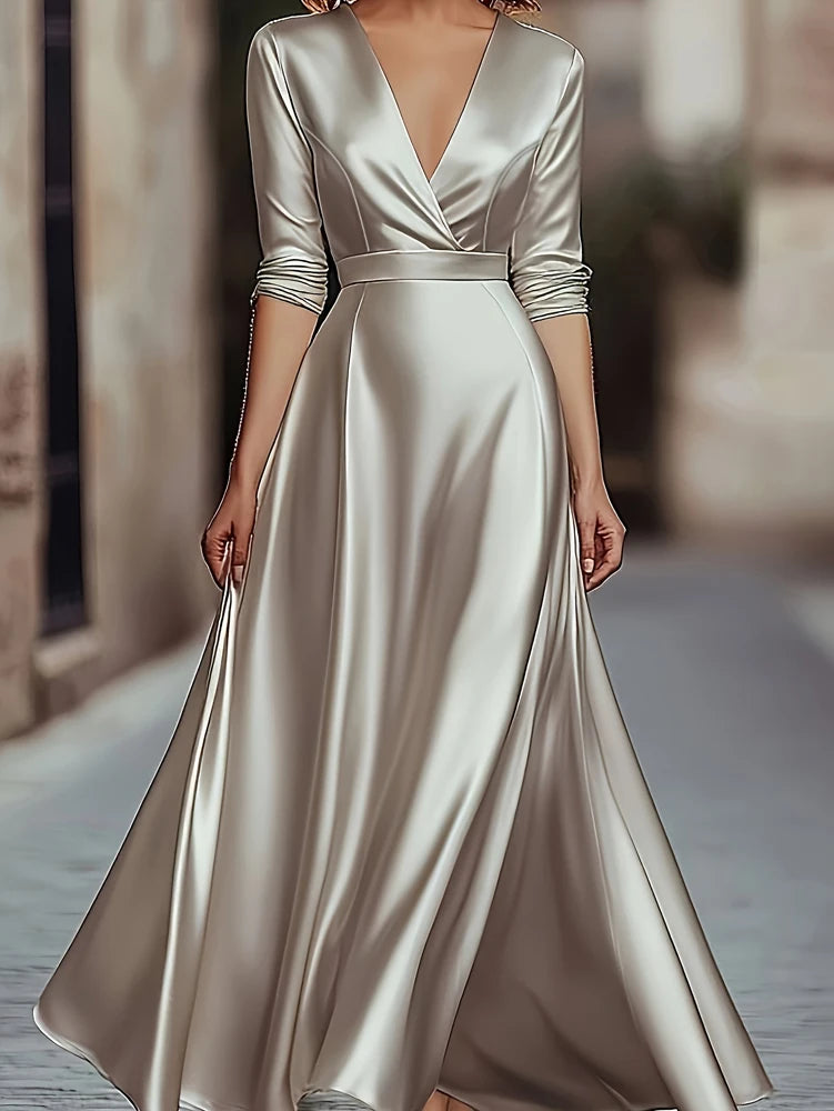 Spring/Autumn Collection: French-inspired Elegance Luxury-feel V-neck Long-sleeved Fitted Waist Dress Evening Gown for Banquets