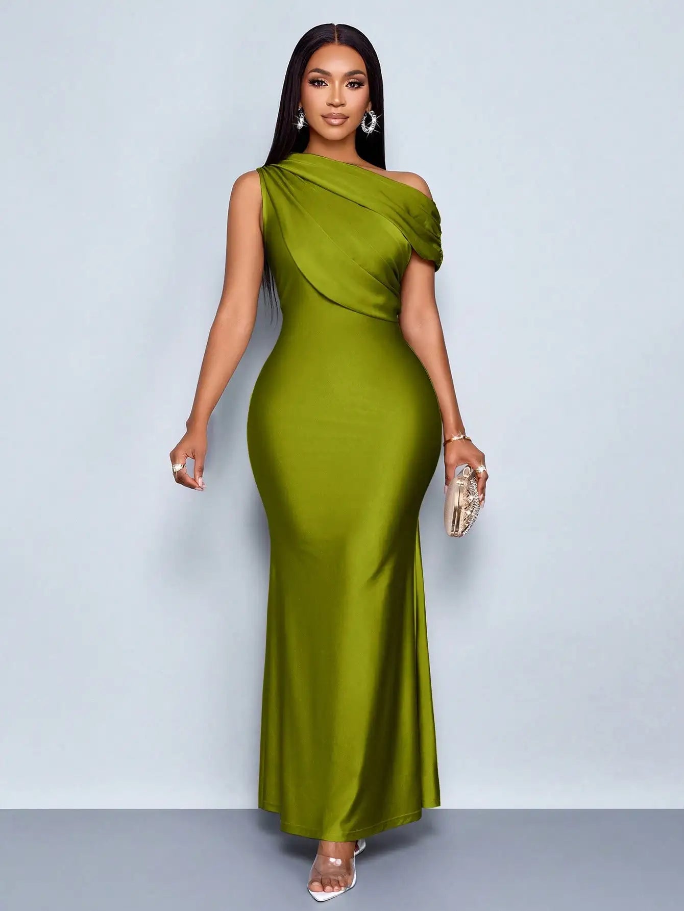 Elegant Apricot Satin Asymmetric Off-Shoulder Sleeveless Fitted Floor-Length Maxi Dress