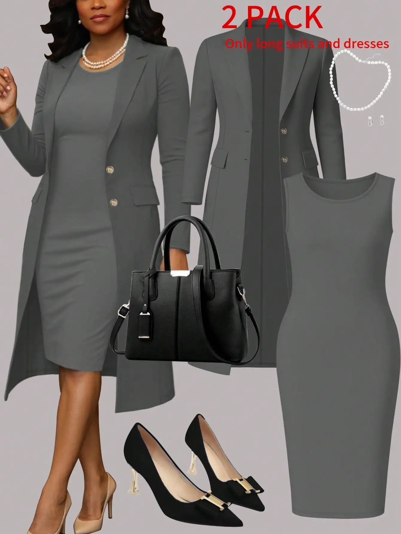 Women's Elegant 2-Piece Set Solid Color Long Sleeve Blazer Jacket And Sleeveless Midi Dress