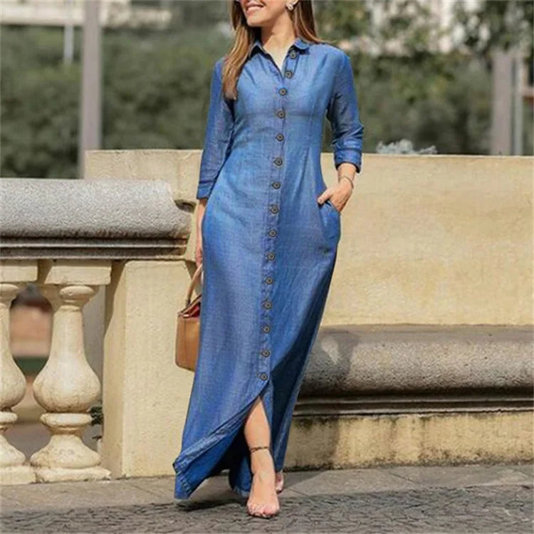 2025 Spring Elegant Women's Denim Dress New Casual Long Sleeve Buttons Shirt Maxi Dresses For Women Robe Femal Office Clothing