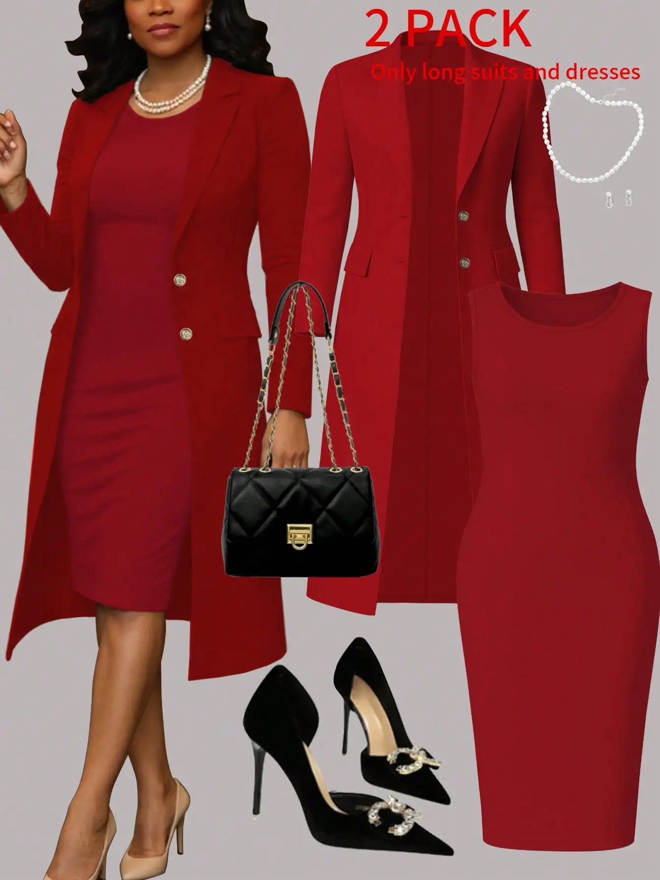 Women's Elegant 2-Piece Set Solid Color Long Sleeve Blazer Jacket And Sleeveless Midi Dress