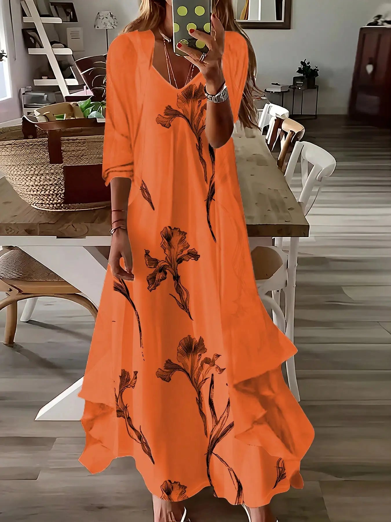 Elegant V-Neck Floral Chiffon Midi Dress With 3/4 Sleeve Cardigan Set White Spring Summer