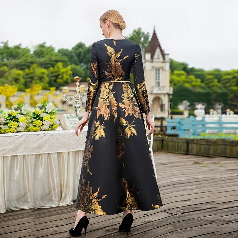 Elegant Female Long Maxi Jacquard Dress Pretty Dresses Women Evening Floral Vintage Ladis Party Fall Winter Clothes