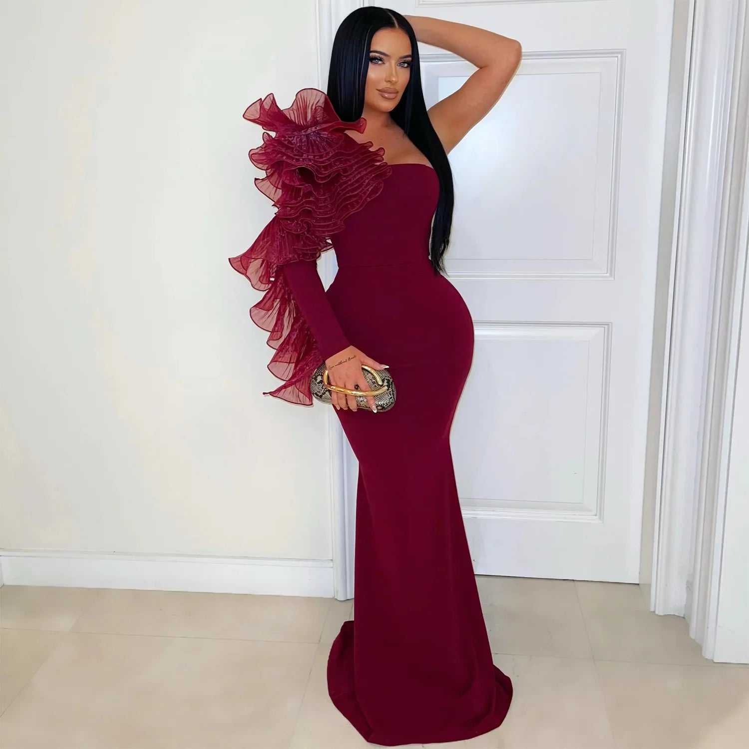 2026 New Black Ruffle Sexy One Shoulder Sleeve Dress Evening Dress Elegant Mermaid Long Order Wedding Ball Party Dress