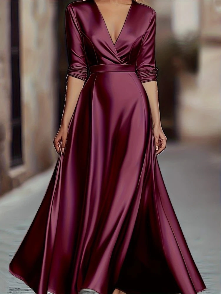 Spring/Autumn Collection: French-inspired Elegance Luxury-feel V-neck Long-sleeved Fitted Waist Dress Evening Gown for Banquets