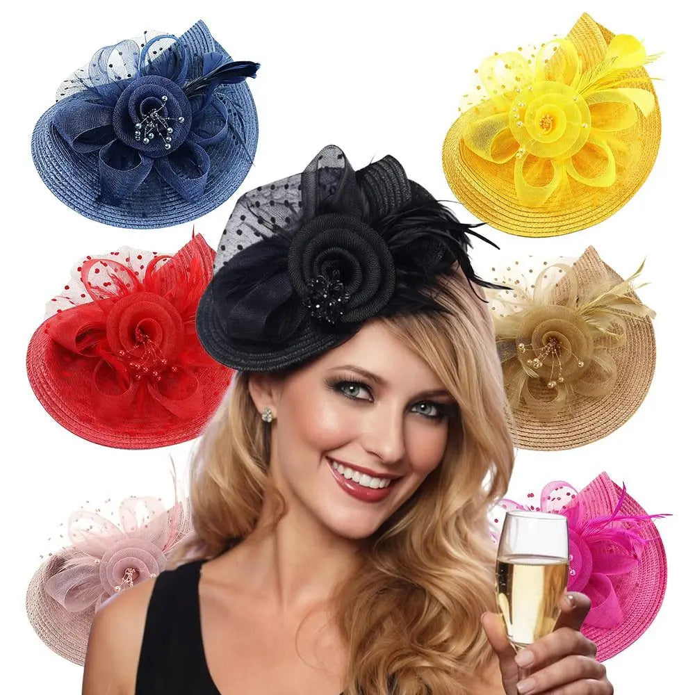 New Mesh Ribbons Fascinator Caps Flower Feather Elegant Hair Drop Fascinator Hat Headwear Women Makeup Prom