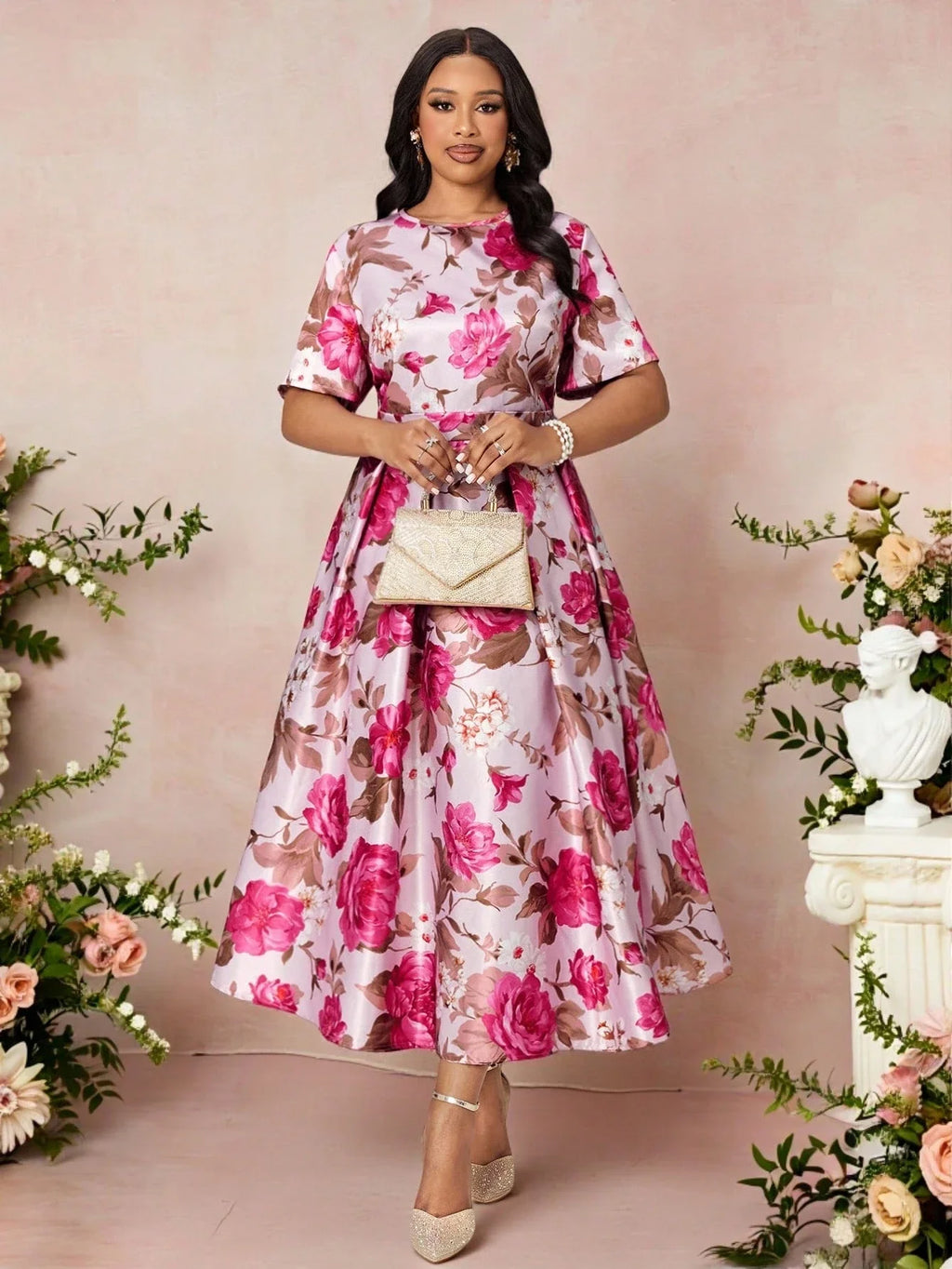 Elegant Floral Print Short Sleeve Pleated A-Line Midi Dress For Women