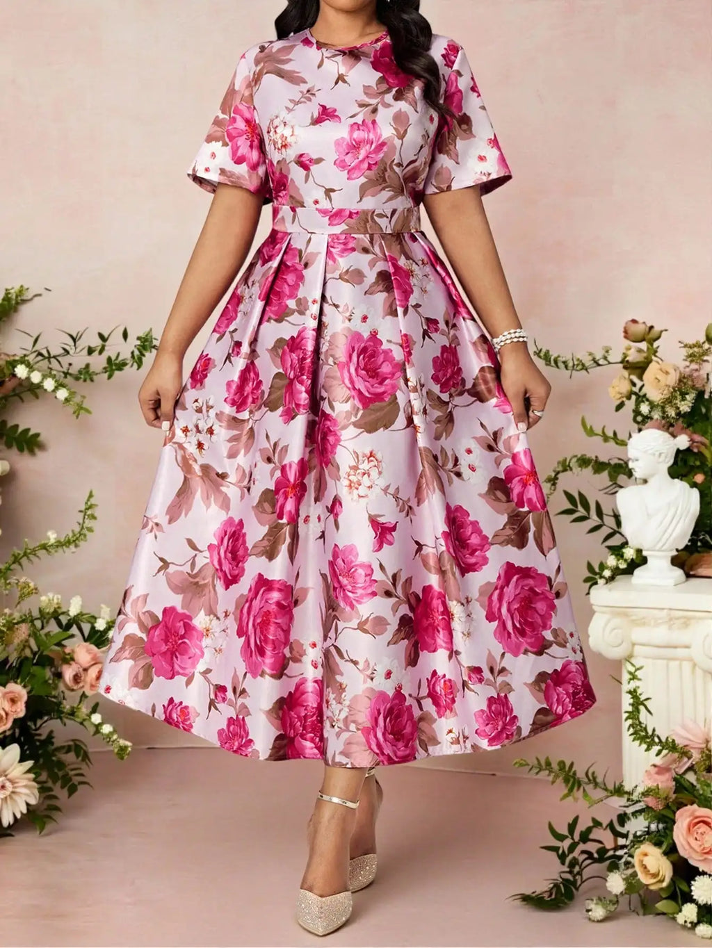 Elegant Floral Print Short Sleeve Pleated A-Line Midi Dress For Women