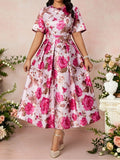 Elegant Floral Print Short Sleeve Pleated A-Line Midi Dress For Women