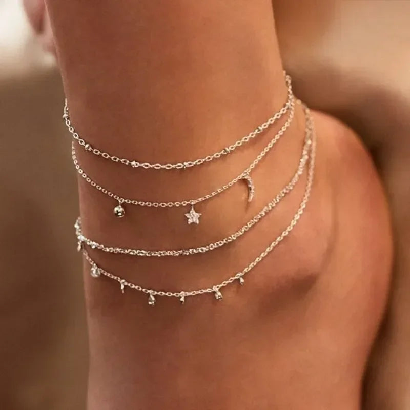 4pcs Set Sexy Fashion Moon and Star Cross Multilayer Anklet for Women Temperament Heart Summer Beach Foot Accessories Jewelry