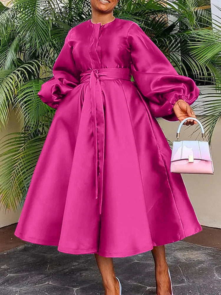 Satin Puff Sleeve Evening Dress for Women Pleated A-Line Round Neck Elegant Party Club Casual Solid Midi Dress with Belt 2025