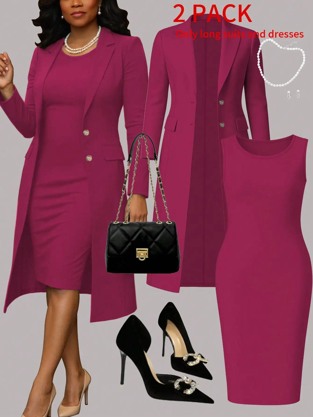 Women's Elegant 2-Piece Set Solid Color Long Sleeve Blazer Jacket And Sleeveless Midi Dress