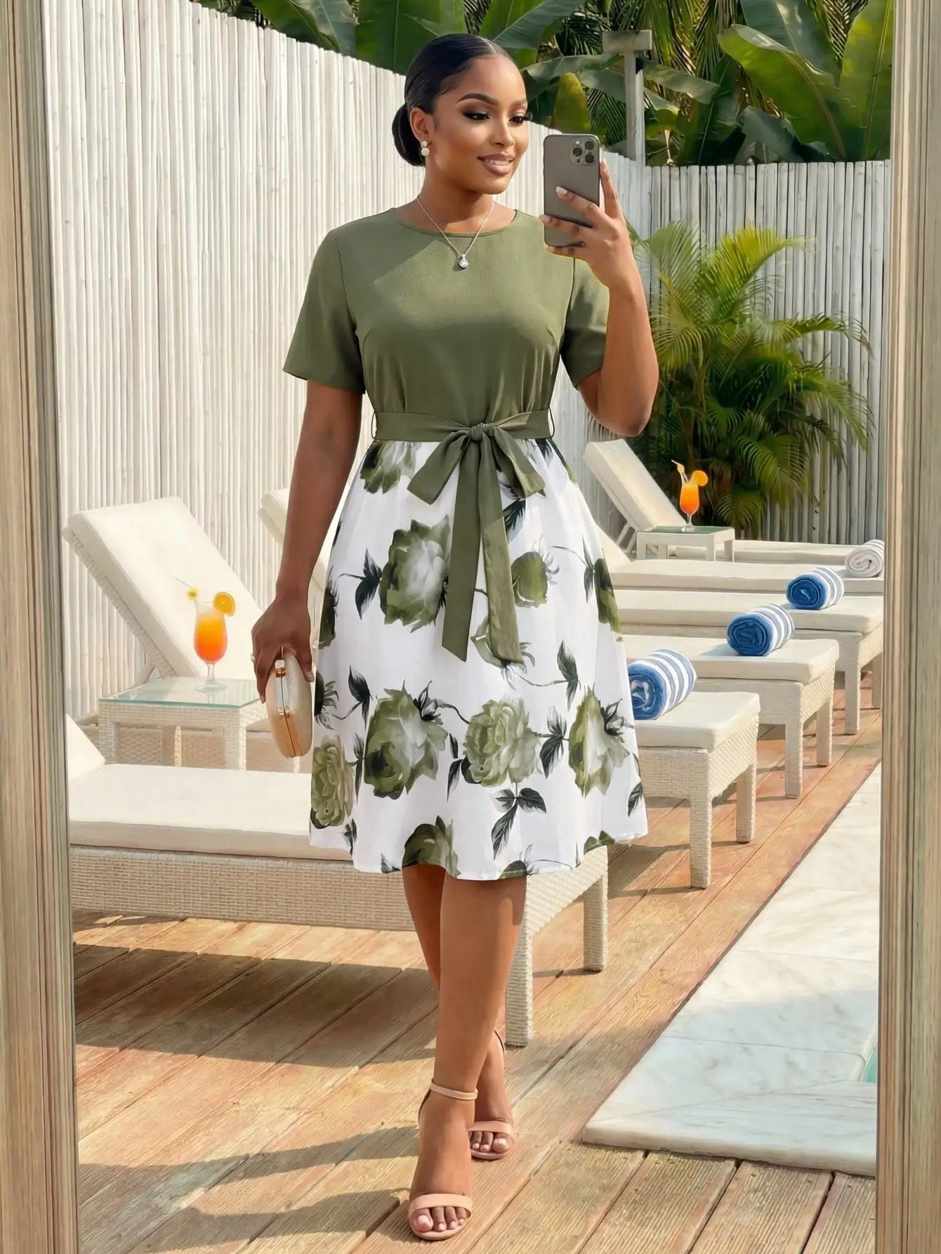 Elegant Floral Print Flared Midi Dress With Belt Short Sleeve Round Neck For Women