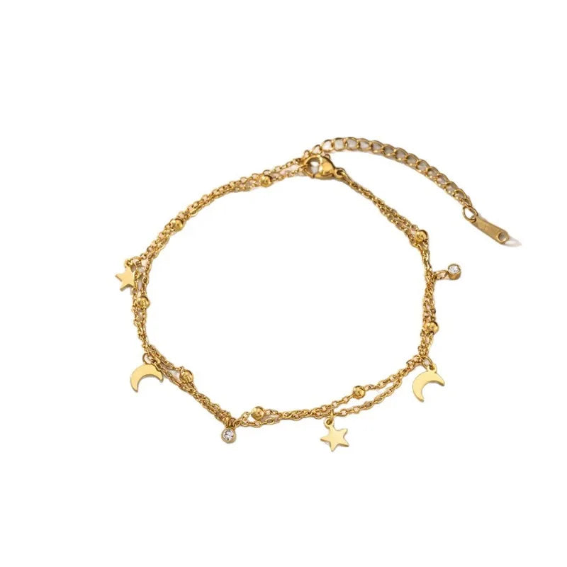 Sweet Fashion Gold Color Stainless Steel Double-layer Star and Moon Anklets for Woman Summer Beach Jewelry Accessories Colorfast