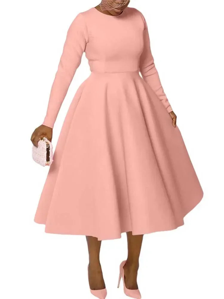 A Line High Waisted Dress Zipper  in Back Women Long Sleeve Autumn Casual Dress Elegant Office Work Lady Dress Solid Color 2025