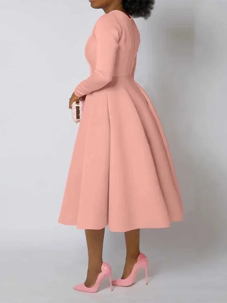 A Line High Waisted Dress Zipper  in Back Women Long Sleeve Autumn Casual Dress Elegant Office Work Lady Dress Solid Color 2025