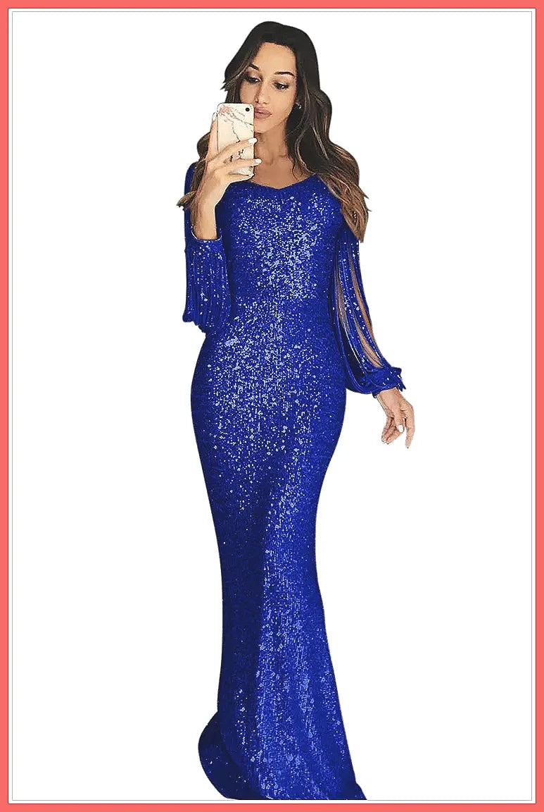 Elegant Women's Evening Gown with Sequin & Tassel, Lantern Sleeve Dinner Party Dress for Autumn Winter