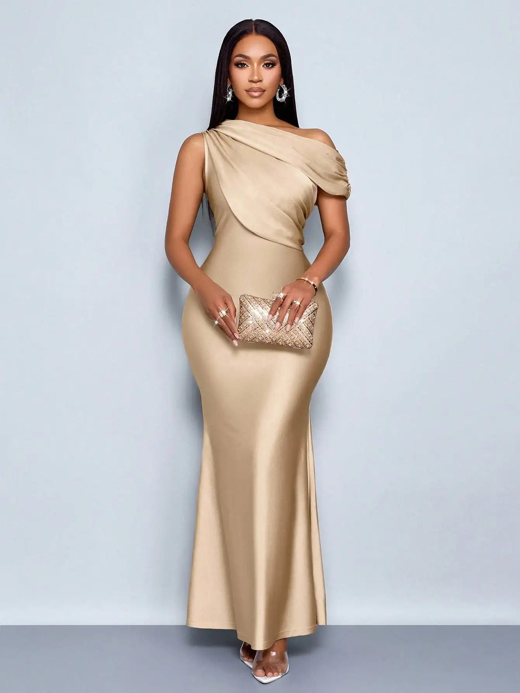 Elegant Apricot Satin Asymmetric Off-Shoulder Sleeveless Fitted Floor-Length Maxi Dress