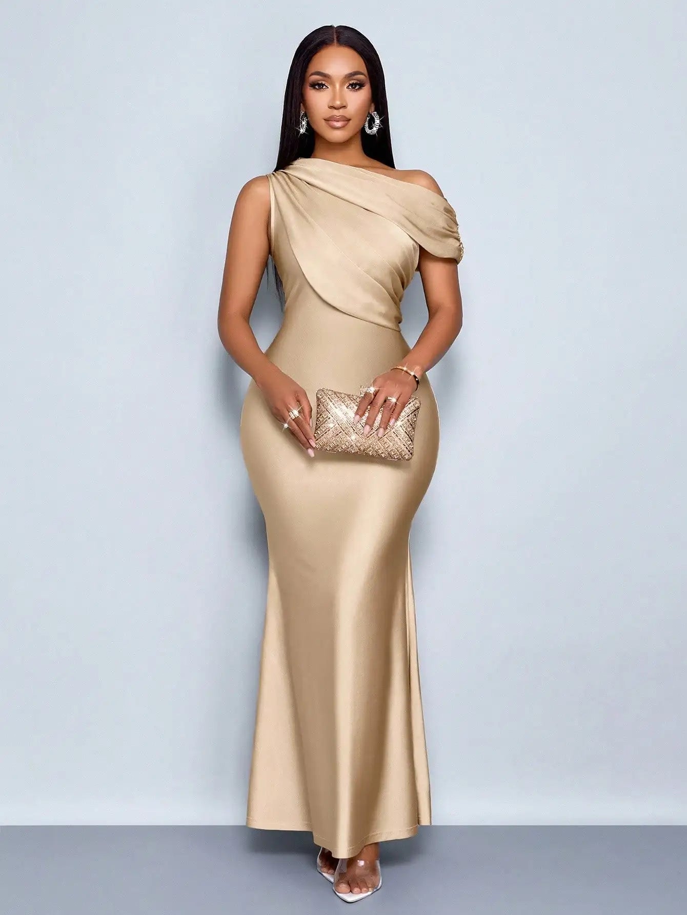 Elegant Apricot Satin Asymmetric Off-Shoulder Sleeveless Fitted Floor-Length Maxi Dress