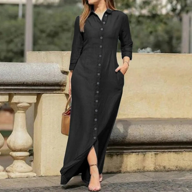 2025 Spring Elegant Women's Denim Dress New Casual Long Sleeve Buttons Shirt Maxi Dresses For Women Robe Femal Office Clothing