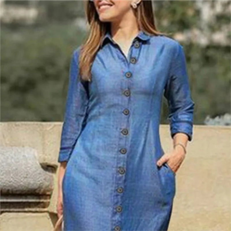 2025 Spring Elegant Women's Denim Dress New Casual Long Sleeve Buttons Shirt Maxi Dresses For Women Robe Femal Office Clothing
